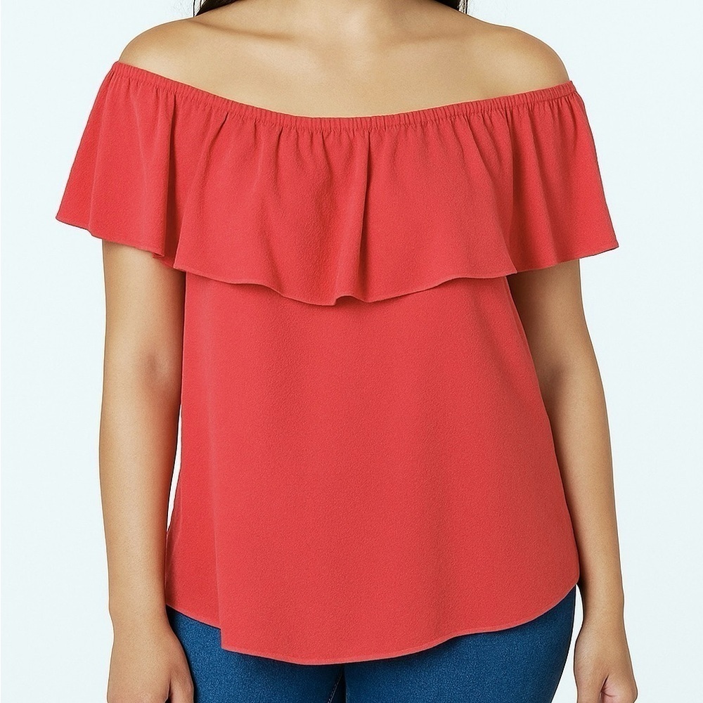 🌺 Bar III Off Shoulder Ruffle Blouse Peony Coral Size L NWT Textured Stretch Top